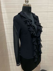 Mango Sequence Ruffled Black Blouse