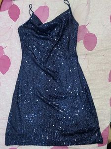 Navy Blue Sequined Shoulder Strap Mini Dress