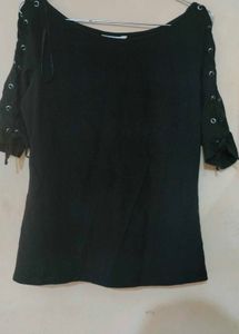 Black Lace-Up Sleeve Top/T Shirt
