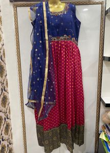 Pink & Blue Anarkali Dress With Dupatta