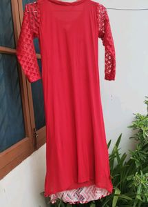 Red Net Kurta with Slit and Inner Lining
