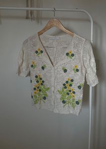 Crochet Yellow Floral Embroidered Cotton Top