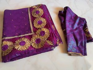 Purple Embellished Saree With Stitched Blouse
