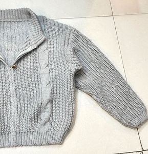 Gray Knit Zip-Up Cardigan