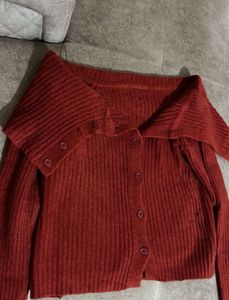 Rust Ribbed Knit Off-shoulder Cardigan