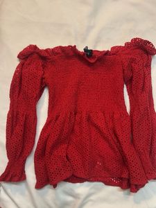 Red Off-Shoulder eyelet Peplum Top
