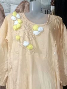 Elegant Lemon Beige Kurti – Floral Charm &amp; Comfort