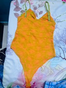 ZARA Cut -Out  Bodysuit Orange- Green Size S