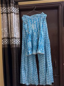 Blue Printed Kurta Sharara Set