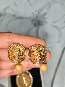 Gold-toned Pendant with Stones and Earrings