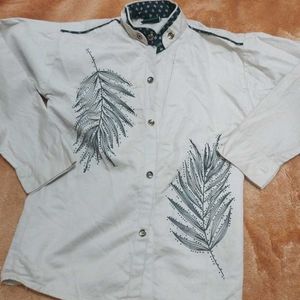 Leaf Print Button-Down Shirt &Free Tshirt