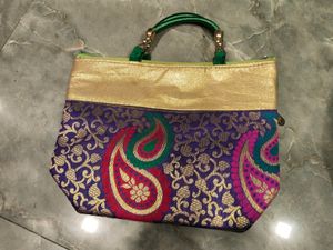 Raw Silk With Multi Design Sil Handbag