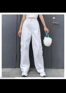 Flat White Cargo Jeans For Women