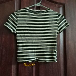 H&amp;M Crop Top Green Black White Striped Divided