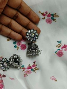 Silver Stoned Jhumka Earrings