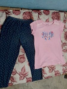 Blue Printed Leggings and Light Pink T-shirt
