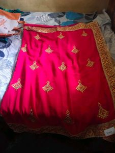 Rani Pink Chiffon Saree With Heavy Golden Border |