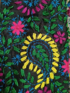 Women Black Cotton Silk Fulkari Embroidery Kurta