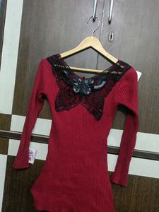 Red & Black Lace Top Or Middi