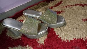 Golden High Heels With Sparkling Stone ,
