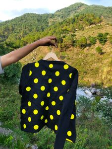 Polka Dotted Black And Yello Ribbed Top