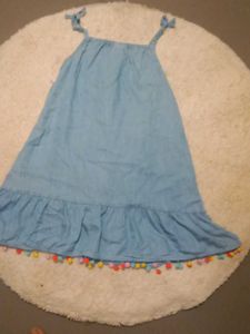 Blue Denim Dress with Pom-Pom Detail