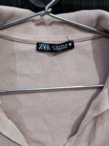 Zara Ribbed Crop Polo Top Size S