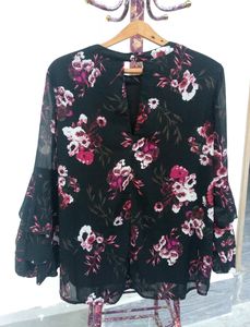 Red Tape Black Ruffle Sleeve Floral Top