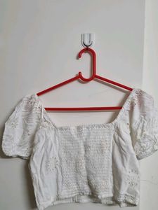 White Eyelet Puff Sleeve Crop Top