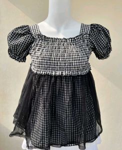 Gingham Tulle Puff Sleeve Top