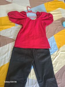 Pink Puff Sleeve Top and Black Jeans