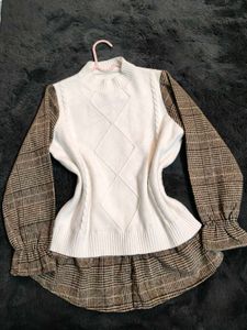 Sweater Vest with Plaid Sleeves