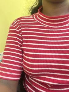 Red &amp; White Striped Mock Neck Top