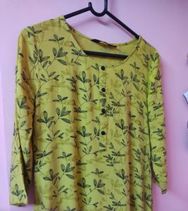 Lemon Green Kurta With Black Leaf Print Design