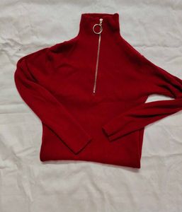 Red Zipper Highneck Knit Top