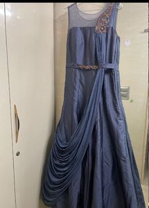 Stunning Metallic Blue Grey Drape Gown- Belt