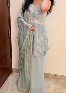 Ice Blue Embroidered Peplum Suit Set