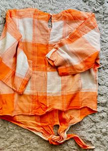 AND Orange Plaid Tie-Front Top