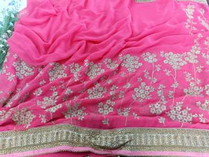 Golden Embroidered Rose Pink Georgette Saree