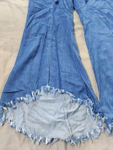 Fringe Hem Wide Leg Denim Pants