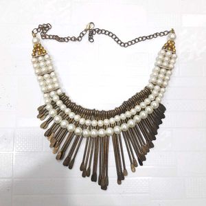 Statement Pearl & Metal Fringe Necklace