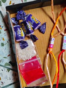 Set Of 3 Rakhi With Roli Chawal And Chocolate