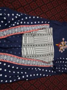 Navy Polka Dot Embroidered Kurti Set