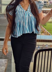 Blue Striped Flutter Sleeve Top