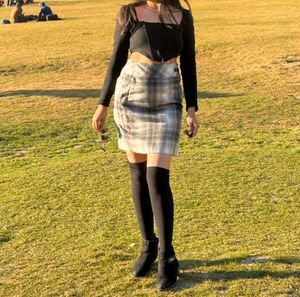 Chic Black Top & Plaid Skirt Set