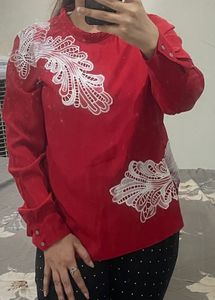 Red Top With Cutwork Patch On Shoulder N Waist