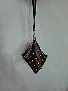 Black Leather Triangular Hand Purse With Gold Beads