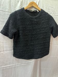 Black Korean Aesthetic Woollen Crop SweatShirt