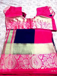 Embroidered Navy Saree with Pink Border