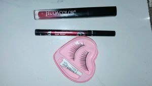 1 Elle 18 Waterproof Balck Kajal, 1Water Proof Sketch Eyeliner, 1 Huda Colour Liquid Lipstick 💄,1 Fake Eyelashes With Glue